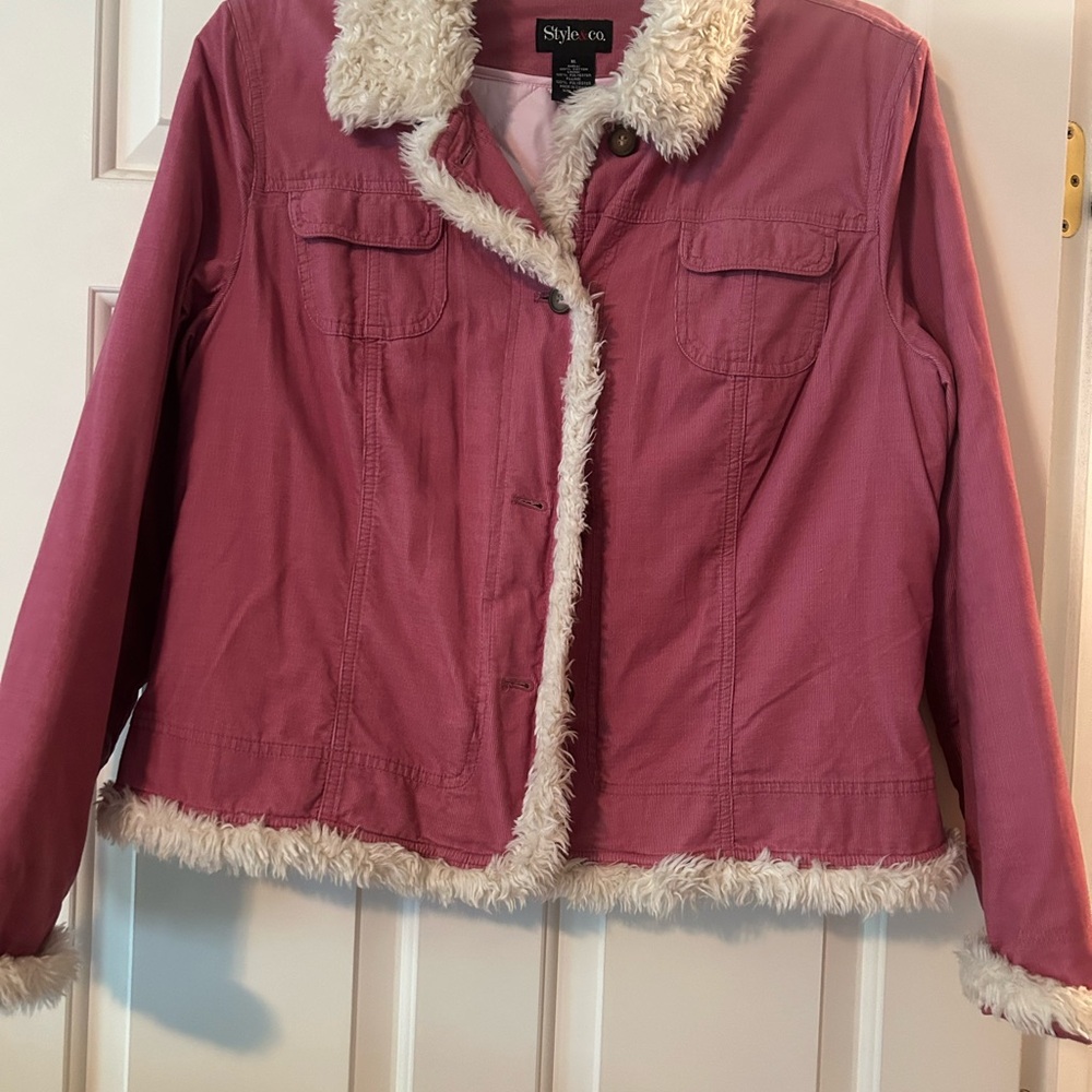 Style & Co. Pink Teddy Jacket with Faux Fur Trim